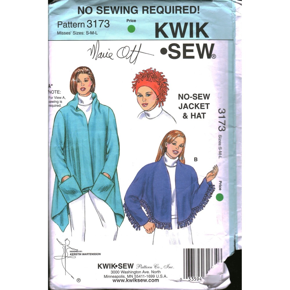Kwik Sew 3173 No Sew Jacket Hat Shawl Pattern Misses S M L Kerstin Martensson